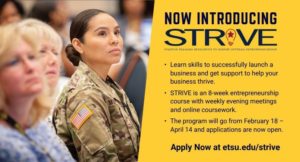 Do you know any veterans looking to start their own business? Encourage them to sign up for STRIVE today: https://www.etsu.edu/cbat/strive.php